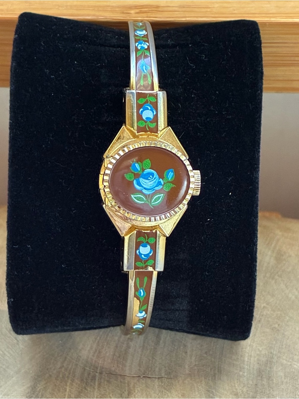 Vintage ALFEX Swiss Peekaboo Hidden Dial Wind-Up Bangle Watch Blue Floral Rose